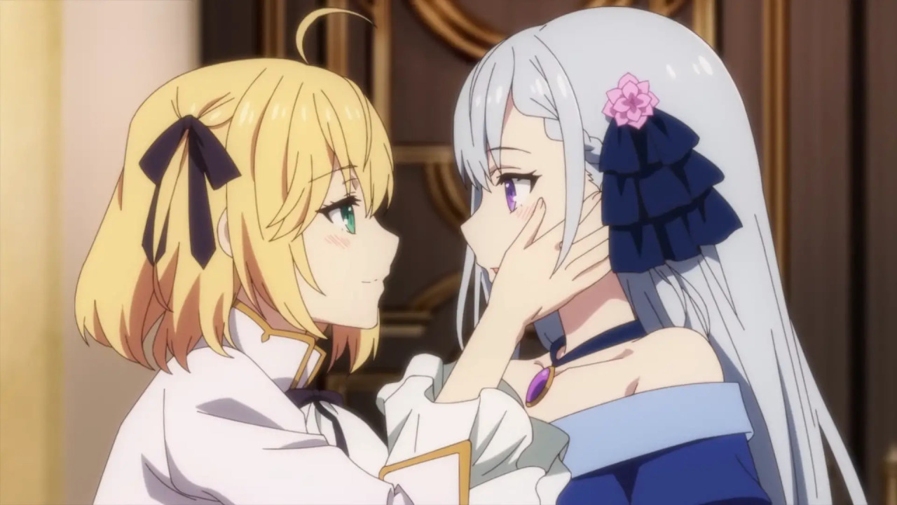 A blonde girl gently holds the face of another girl in her hands.